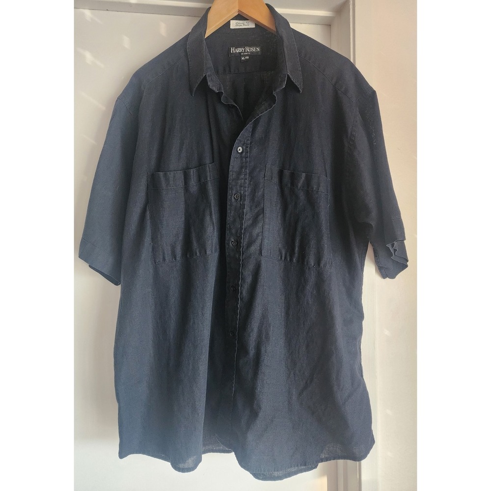 Harry Rosen Men's Button-Down Shirt XL Black Linen Cotton Blend‎ Short Sleeves